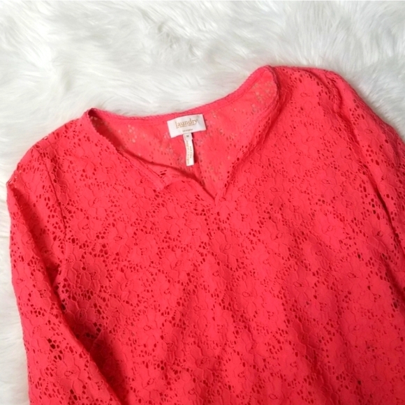 Laundry by Shelli Segal Crochet Lace Tunic M – Coral Sheer ¾ Sleeve Boho Chic - Picture 5 of 14